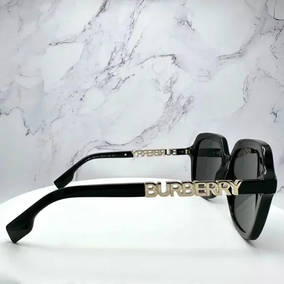 New Burberry Sunglasses Black Square Gold Metal Cut Out BURBERRY Logo Womens - Picture 6 of 16